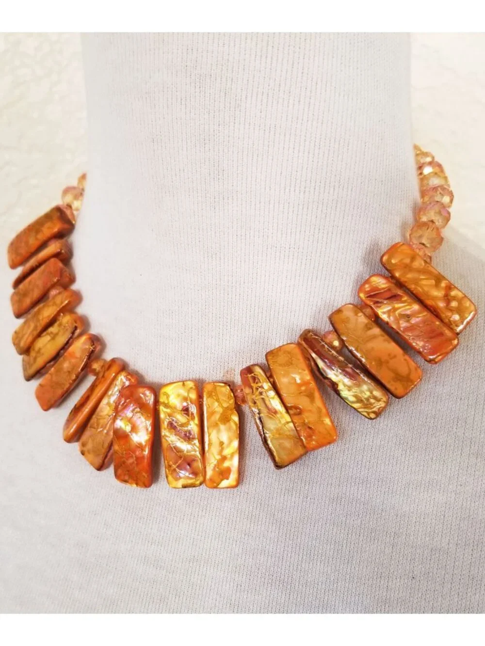 Burnt Orange & Champagne Shell & Glass Statement Bib Necklace